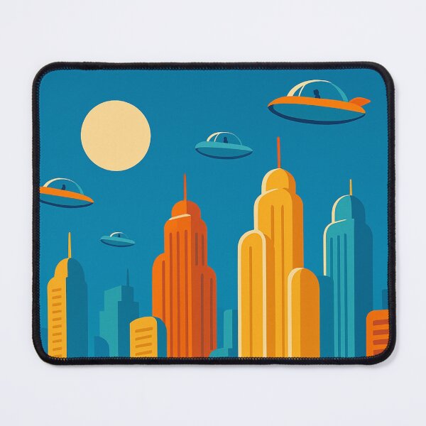 Item preview, Futuristic Cityscape with Flying Cars – Bold Minimal Retro Sci-Fi extra terrestrial Urban Scene designed and sold by Bored Duck.