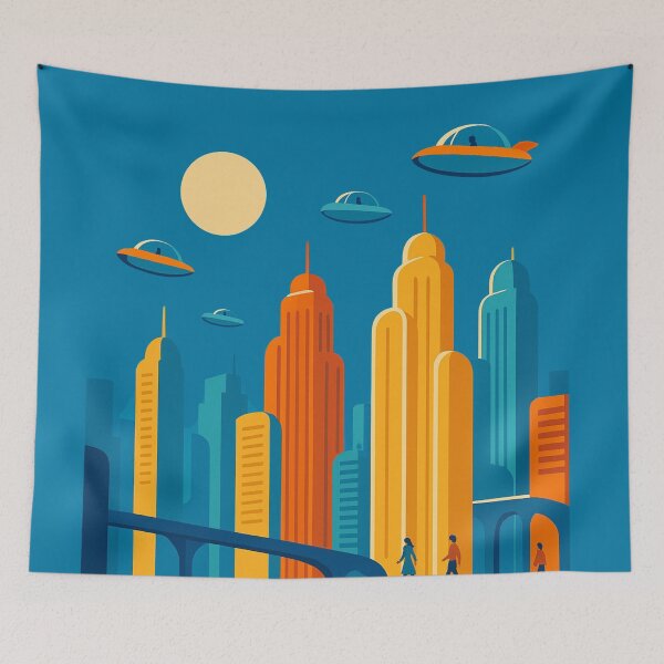 Item preview, Futuristic Cityscape with Flying Cars – Bold Minimal Retro Sci-Fi extra terrestrial Urban Scene designed and sold by Bored Duck.