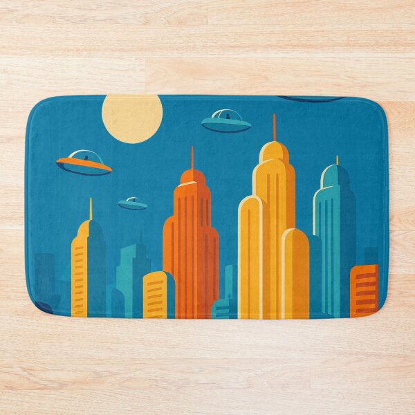 Item preview, Futuristic Cityscape with Flying Cars – Bold Minimal Retro Sci-Fi extra terrestrial Urban Scene designed and sold by Bored Duck.
