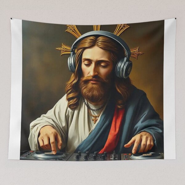 Item preview, Jesus DJing . Oil painting of Jesus as a DJ  designed and sold by Obinne.