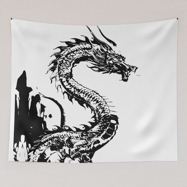 Item preview, A dragon in a valley drawn in raw black ink with dirty brush marks and a dripping water texture designed and sold by zephstudoartist.