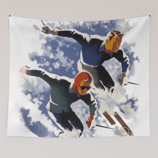 Item preview, Vintage Ski illustration. Skiing man and woman. designed and sold by Shoot-The-Moon.