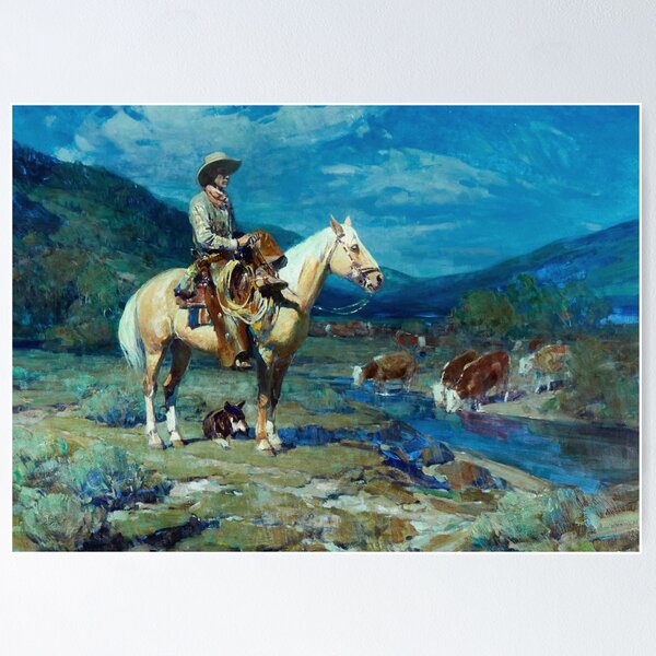 Item preview, Cowboy Herding Cattle - Vintage American Western Print designed and sold by VintageSpaceArt.