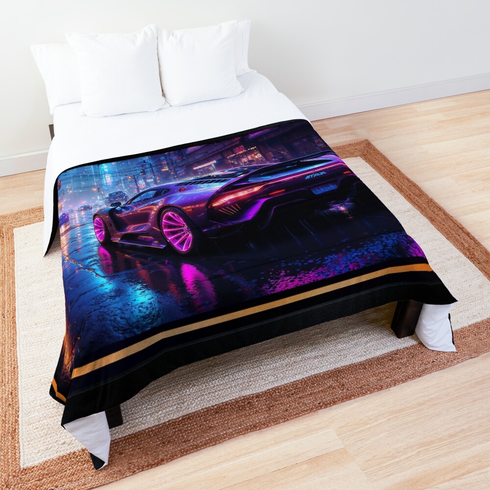 Futuristic Sports Car In A Rainy Cyberpunk Cityscape AI Concept Art by Xzendor7 | Captivating Visual Concept 3 Futuristic Sports Car In A Rainy Cyberpunk Cityscape Striking AI Concept Art by Xzendor7 Decorative Art Print Comforter