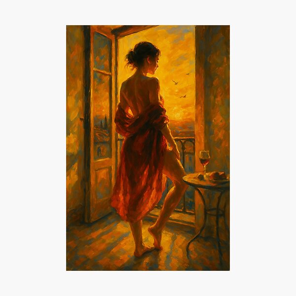 Item preview, Golden Hour Balcony – Romantic Oil Style Wall Art Print designed and sold by Tree-Sale.