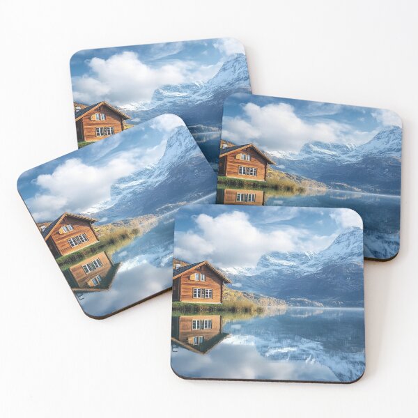 Item preview, Wooden cabin by a serene lake with snowy mountains view. designed and sold by Artessie.