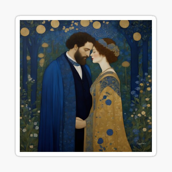Romantic Embrace - Elegant Couple Art Nouveau Portrait with Floral Accents Sticker