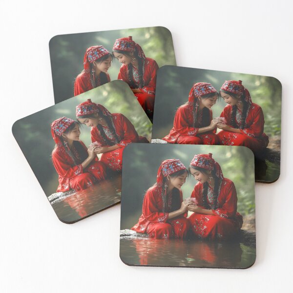 Item preview, Two women in red robes by a serene forest stream designed and sold by Artessie.