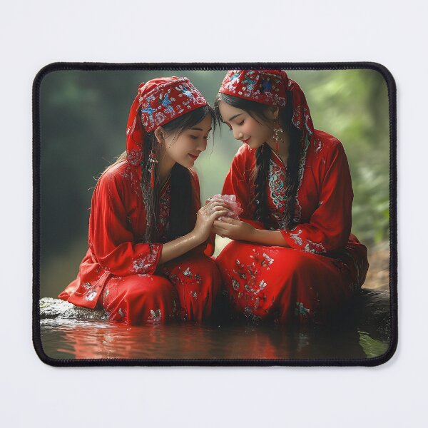 Item preview, Two women in red robes by a serene forest stream designed and sold by Artessie.