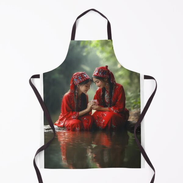Item preview, Two women in red robes by a serene forest stream designed and sold by Artessie.