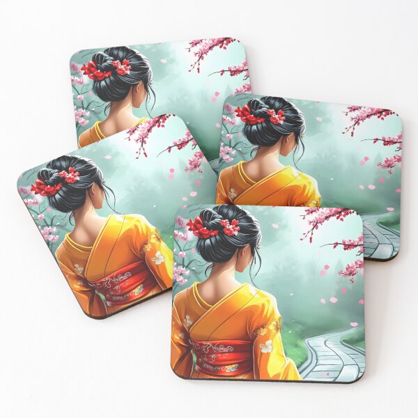 Item preview, Woman in traditional dress among cherry blossoms, serene designed and sold by Artessie.