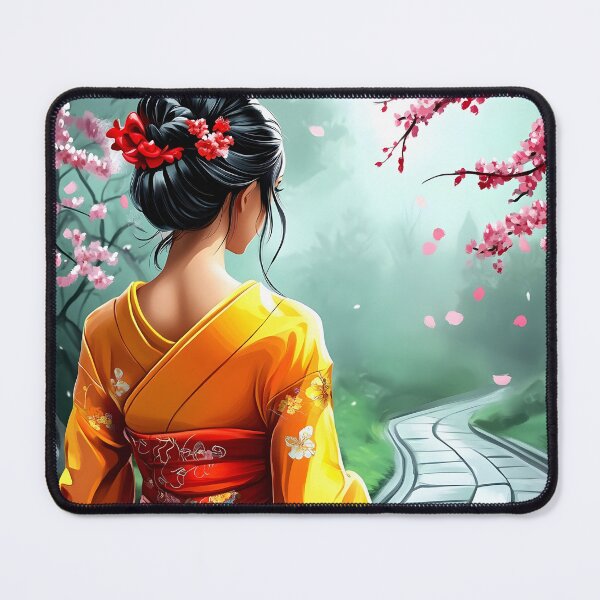 Item preview, Woman in traditional dress among cherry blossoms, serene designed and sold by Artessie.