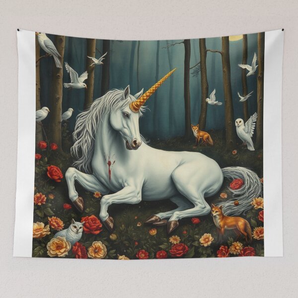 Item preview,  DEATH OF A UNICORN.  Wounded Unicorn in Enchanted Forest – Dark Fantasy Aesthetic Art" designed and sold by Obinne.