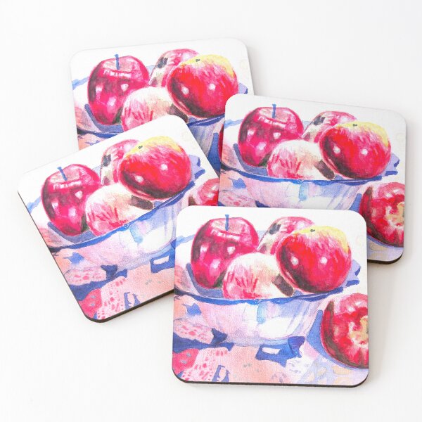 Aperçu de l'œuvre Pommes rouges brillantes dans un bol bleu sur une courtepointe, peinture à l'aquarelle de fruits créée et vendue par Sarah Rajkotwala.