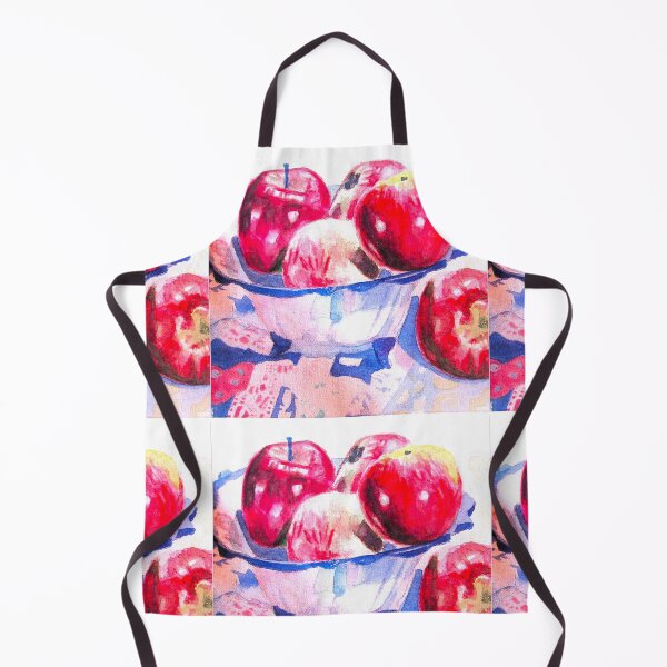 Item preview, Red Shiny Apples in Blue Bowl on Quilt Fruit Watercolor Painting designed and sold by Sarah Rajkotwala.