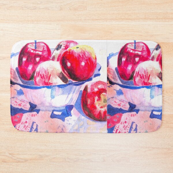 Item preview, Red Shiny Apples in Blue Bowl on Quilt Fruit Watercolor Painting designed and sold by Sarah  Rajkotwala.