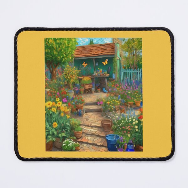 Item preview, "Lush and Colorful Garden: Flowers, Trees, and a Serene Corner with Terracotta Pots and Gardening Tools" designed and sold by Artisticanvas.