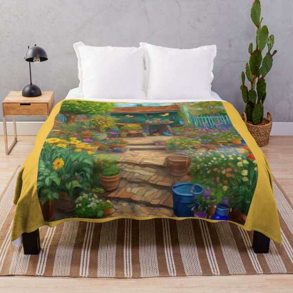 Item preview, "Lush and Colorful Garden: Flowers, Trees, and a Serene Corner with Terracotta Pots and Gardening Tools" designed and sold by Artisticanvas.