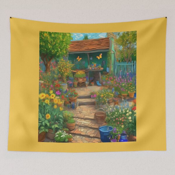 Item preview, "Lush and Colorful Garden: Flowers, Trees, and a Serene Corner with Terracotta Pots and Gardening Tools" designed and sold by Artisticanvas.