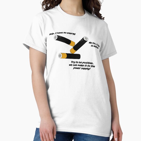 Vista previa del artículo con la obra «Camiseta divertida con juego de palabras sobre baterías que cargan energía», diseñado y vendido por sunshift.