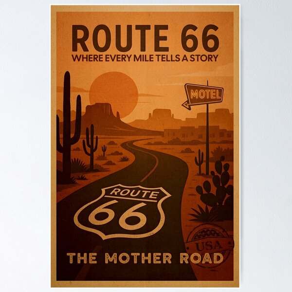 Item preview, Route 66 Poster Design - Retro Travel Print designed and sold by EpochFusion.