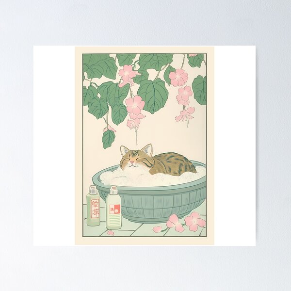 Item preview, Tabby cat in bathtub, Japanese bathroom decor designed and sold by UloMiridane.