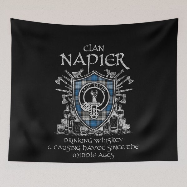 Item preview, Clan Napier drinking whiskey and causing havoc heritage crest tartan plaid designed and sold by Clan1093.