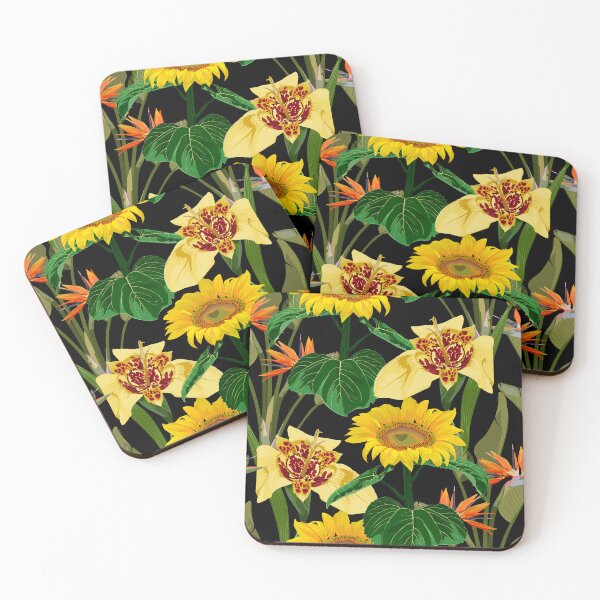 Item preview, Beautiful tigridia flowers with strelitzia and sunflowers on black background.  designed and sold by MatyKotiv.