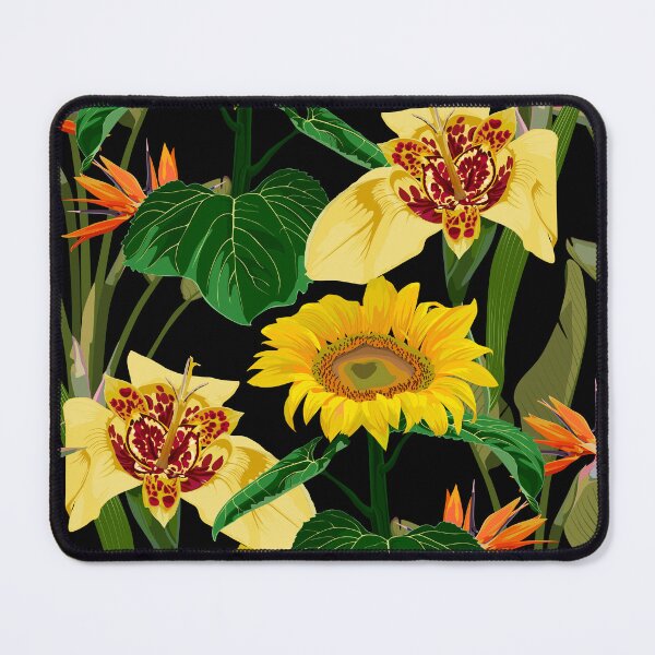 Item preview, Beautiful tigridia flowers with strelitzia and sunflowers on black background.  designed and sold by MatyKotiv.