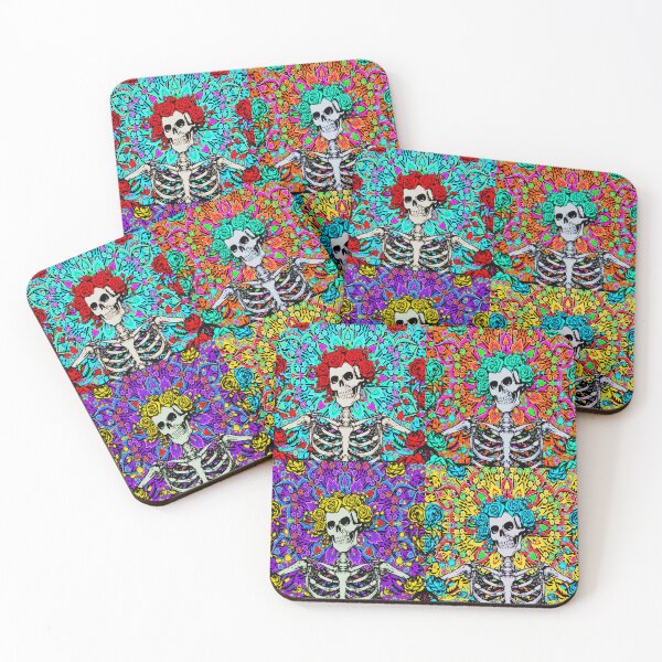Item preview, Set of 4 Psychedelic colourful Grateful day of the dead roses skeleton  designed and sold by Kludoman.