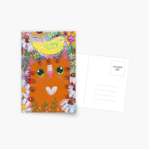 Item preview, Springtime Ginger Cat With Yellow Bird in Flowers designed and sold by KilkennyCat Art.