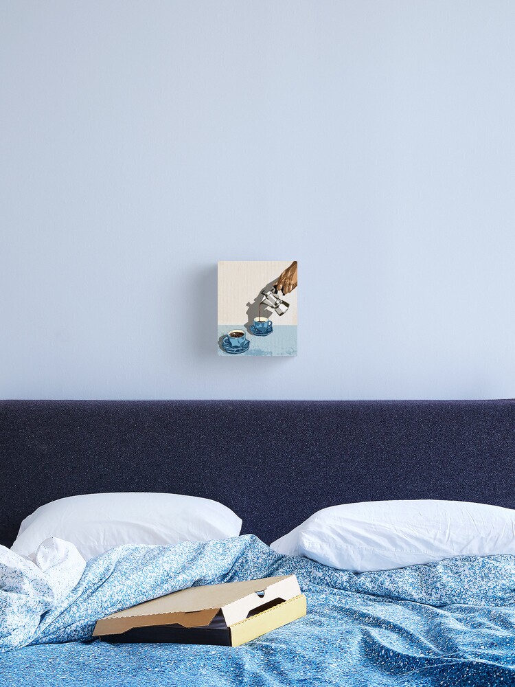 Thumbnail 2 of 3, Canvas Print, Morning Brew - Blue Coffee Cups & Moka Pot Illustration designed and sold by MaiZephyr.