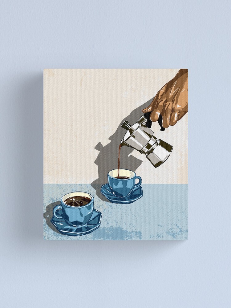 Thumbnail 1 of 3, Canvas Print, Morning Brew - Blue Coffee Cups & Moka Pot Illustration designed and sold by MaiZephyr.