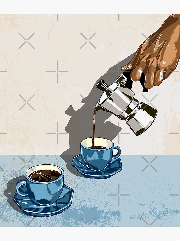 Thumbnail 3 of 3, Canvas Print, Morning Brew - Blue Coffee Cups & Moka Pot Illustration designed and sold by MaiZephyr.