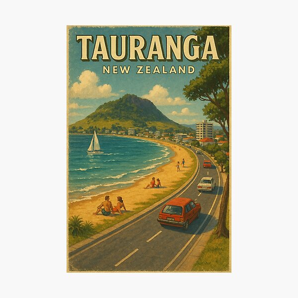 Item preview, Tauranga Beach Road Scene – Retro New Zealand Coastal Drive designed and sold by placesonearth.
