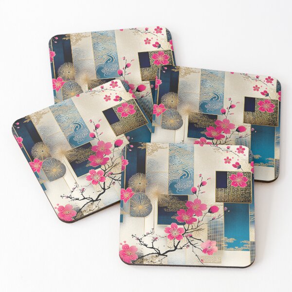 Item preview, Sakura Harmony – Cherry Blossom and Gold Geometric Pattern in Navy and Beige designed and sold by Moisky Patterns.