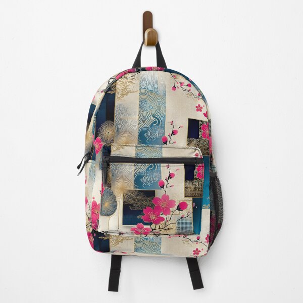 Item preview, Sakura Harmony – Cherry Blossom and Gold Geometric Pattern in Navy and Beige designed and sold by Moisky Patterns.
