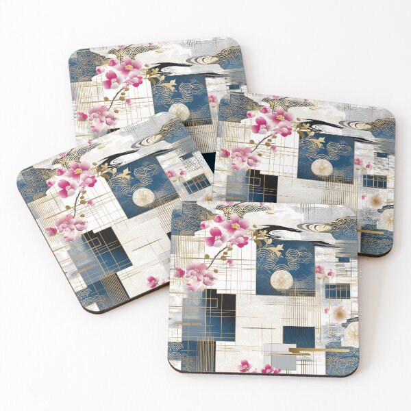 Item preview, Sakura Grid – Japanese Cherry Blossoms with Gold Lines and Navy Motifs designed and sold by Moisky Patterns.