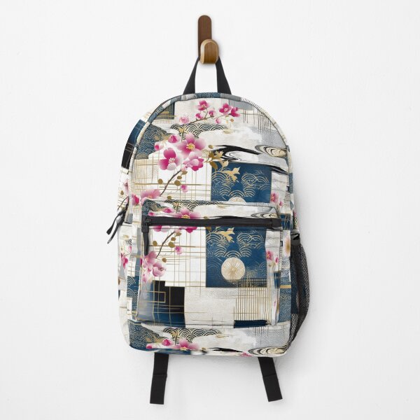 Item preview, Sakura Grid – Japanese Cherry Blossoms with Gold Lines and Navy Motifs designed and sold by Moisky Patterns.