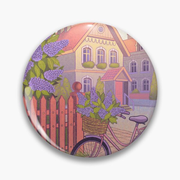 Item preview, Street with blooming lilacs and a bike with a basket designed and sold by MariaPencilArt.