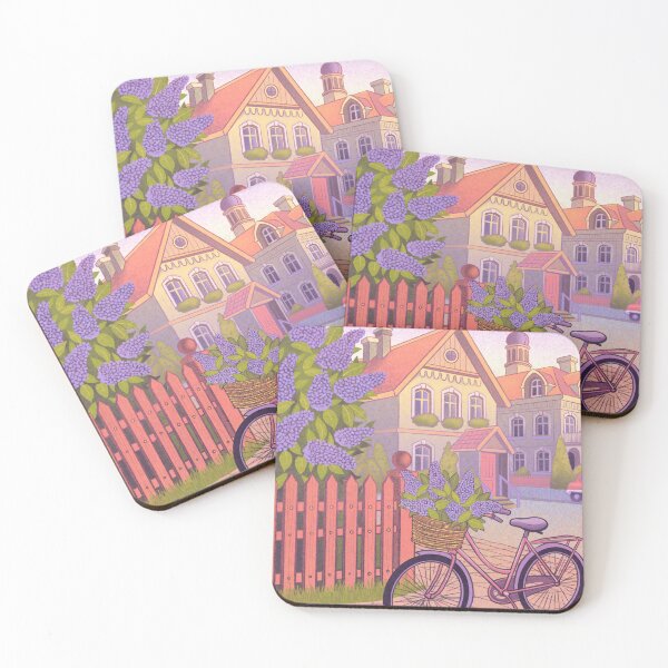 Item preview, Street with blooming lilacs and a bike with a basket designed and sold by MariaPencilArt.