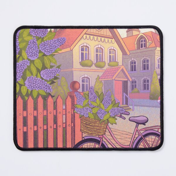 Item preview, Street with blooming lilacs and a bike with a basket designed and sold by MariaPencilArt.