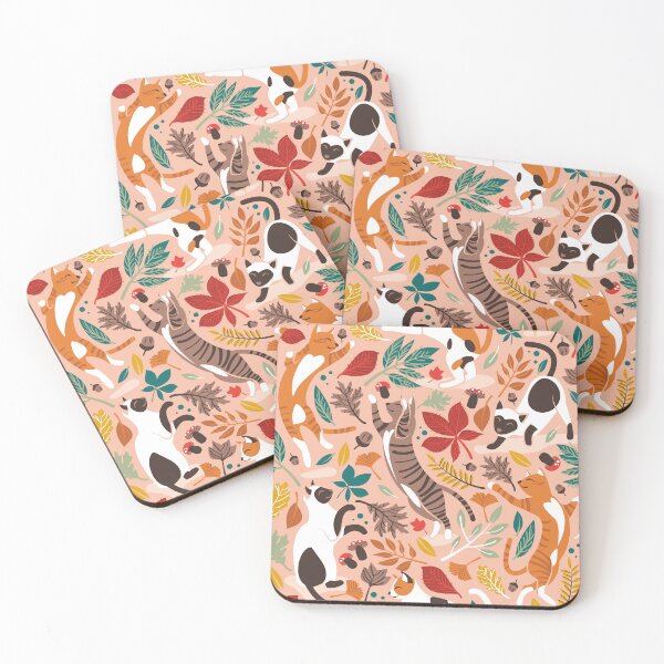 Item preview, Autumn joy // flesh coral background cats dancing with many leaves in fall colors designed and sold by SelmaCardoso.