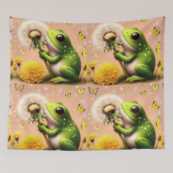 Item preview, A cute green frog holding a dandelion seedball yellow dandelions around and yellow butterflies illustration designed and sold by EmeraldeaArt.