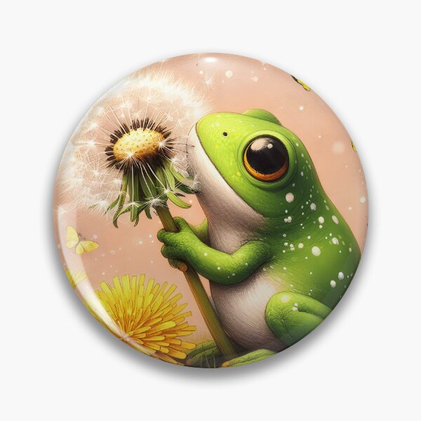 Item preview, A cute green frog holding a dandelion seedball yellow dandelions around and yellow butterflies illustration designed and sold by EmeraldeaArt.