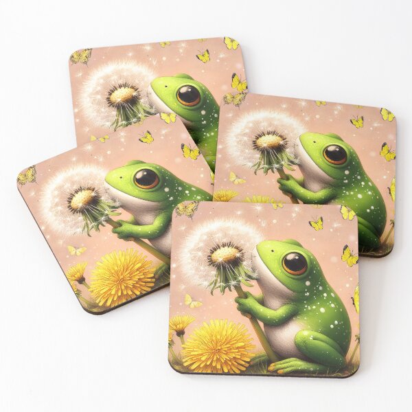 Item preview, A cute green frog holding a dandelion seedball yellow dandelions around and yellow butterflies illustration designed and sold by EmeraldeaArt.