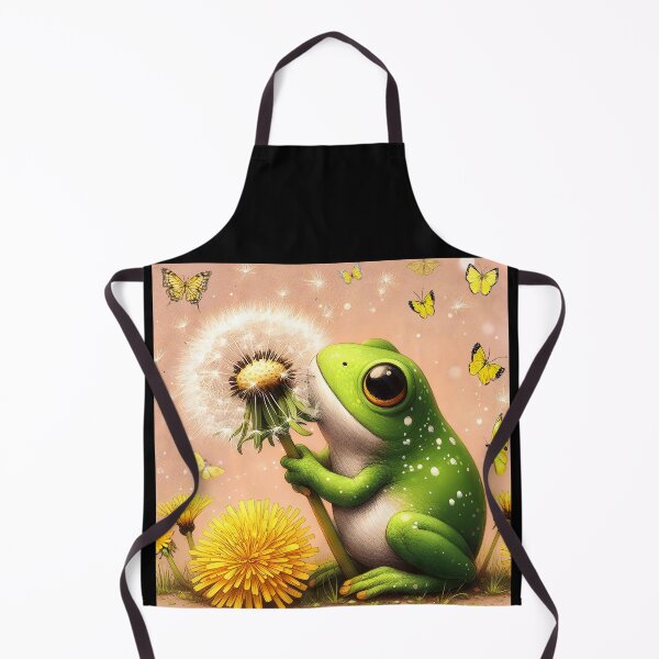 Item preview, A cute green frog holding a dandelion seedball yellow dandelions around and yellow butterflies illustration designed and sold by EmeraldeaArt.