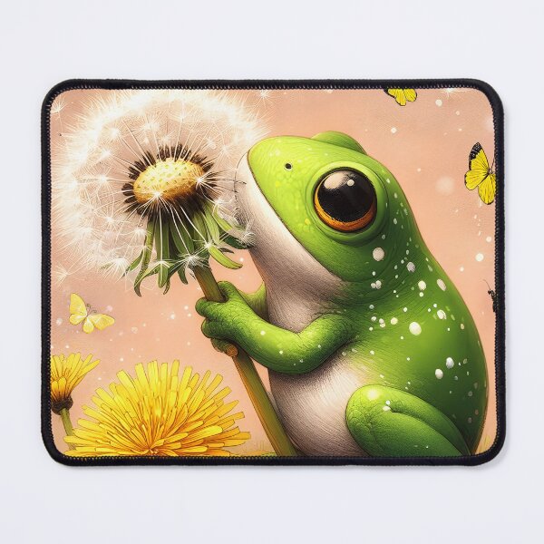 Item preview, A cute green frog holding a dandelion seedball yellow dandelions around and yellow butterflies illustration designed and sold by EmeraldeaArt.