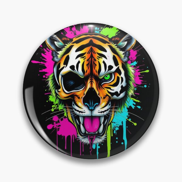 Artikelvorschau, „Split-Face-Design aus einem menschlichen Schädel und einem Tigergesicht, vermischt im Streetwear-Graffiti-Stil mit kräftigen Neonspritzern – schwarzer Hintergrund“ entworfen und verkauft von Inspiretouplift.