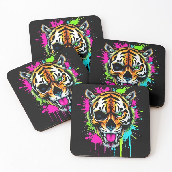 Item preview, "Split-face design of a human skull and a tiger’s face, blended in a streetwear graffiti style with bold neon splashes — black background" designed and sold by Inspiretouplift.